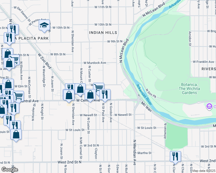 map of restaurants, bars, coffee shops, grocery stores, and more near 742 N St Paul St in Wichita