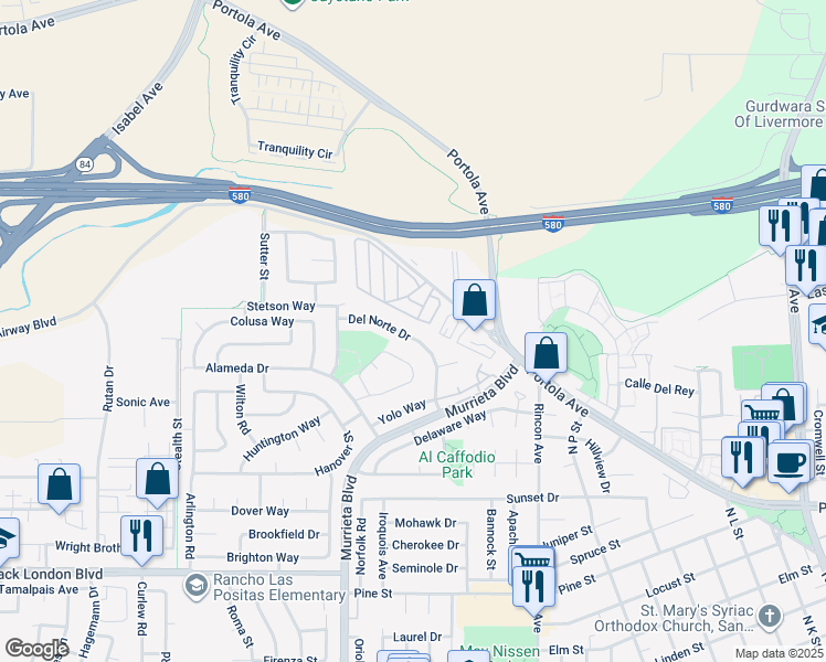 map of restaurants, bars, coffee shops, grocery stores, and more near 848 Del Norte Drive in Livermore