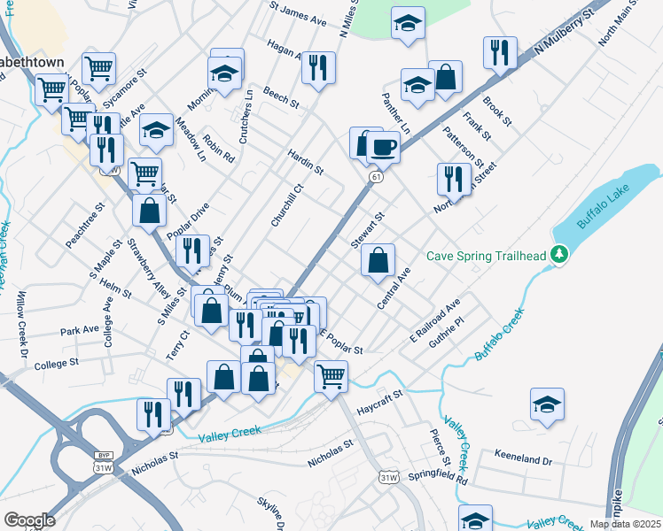 map of restaurants, bars, coffee shops, grocery stores, and more near 304 Stewart Street in Elizabethtown
