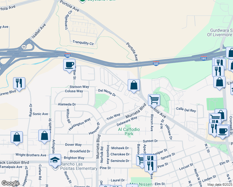 map of restaurants, bars, coffee shops, grocery stores, and more near 848 Del Norte Drive in Livermore