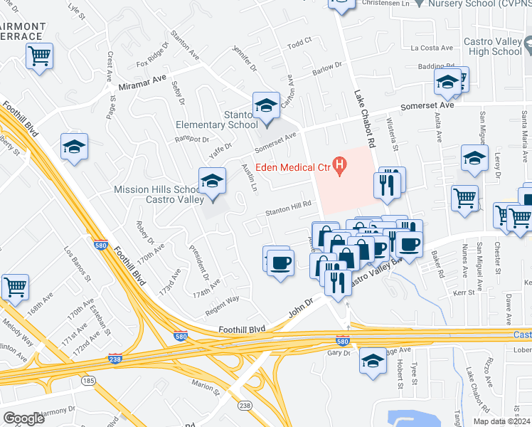 map of restaurants, bars, coffee shops, grocery stores, and more near Stanton Hill Road & West Ridge Court in Castro Valley