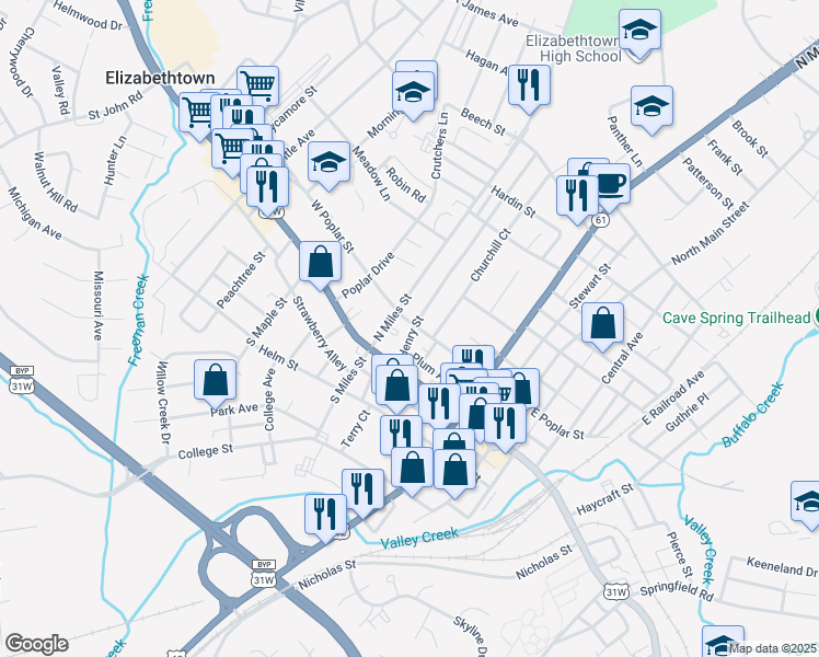map of restaurants, bars, coffee shops, grocery stores, and more near 238 West Poplar Street in Elizabethtown