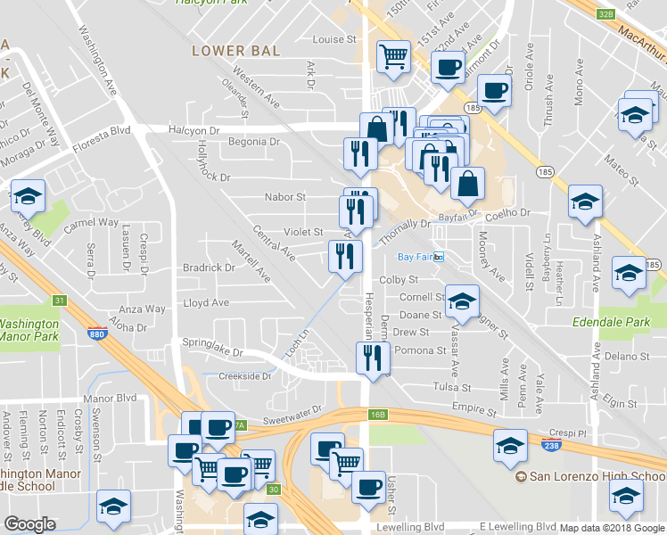 map of restaurants, bars, coffee shops, grocery stores, and more near 15277 Upton Avenue in San Leandro