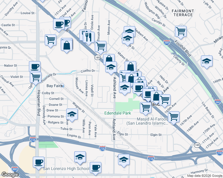 map of restaurants, bars, coffee shops, grocery stores, and more near 16090 Silverleaf Dr in San Lorenzo