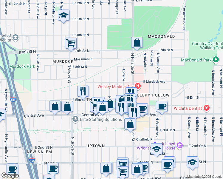 map of restaurants, bars, coffee shops, grocery stores, and more near 638 N Erie St in Wichita
