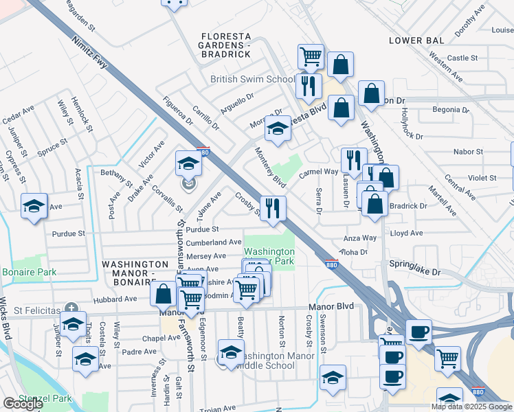 map of restaurants, bars, coffee shops, grocery stores, and more near 14820 Crosby Street in San Leandro