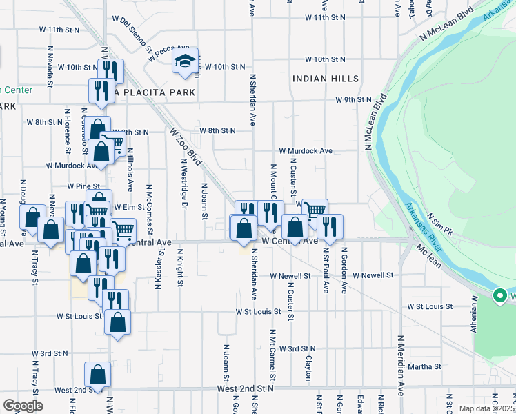 map of restaurants, bars, coffee shops, grocery stores, and more near 738 North Sheridan Street in Wichita
