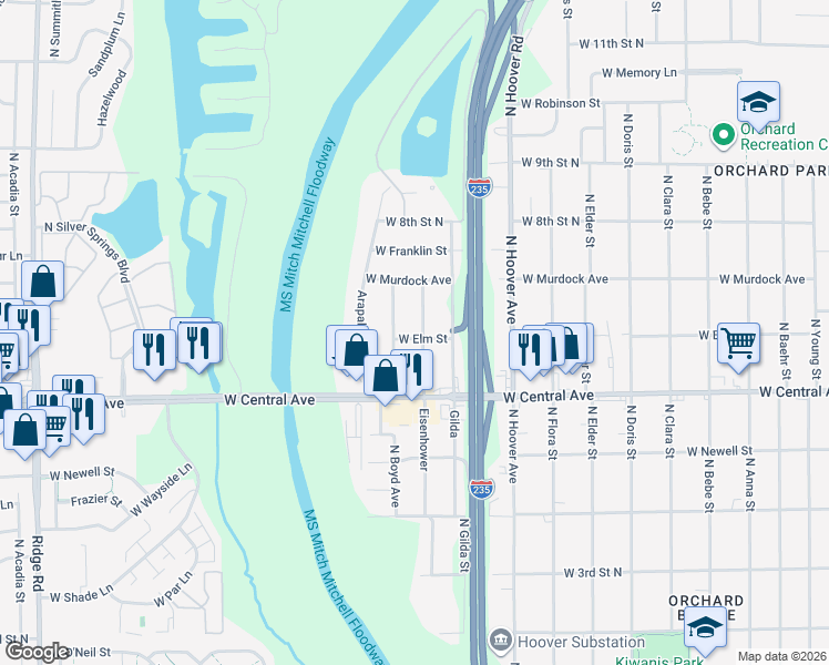 map of restaurants, bars, coffee shops, grocery stores, and more near 729 Eisenhower in Wichita