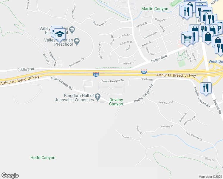 map of restaurants, bars, coffee shops, grocery stores, and more near 7765 Canyon Meadows Circle in Pleasanton