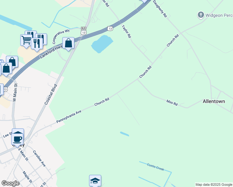 map of restaurants, bars, coffee shops, grocery stores, and more near 25262 Church Road in Accomac
