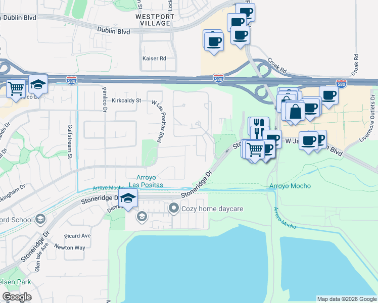 map of restaurants, bars, coffee shops, grocery stores, and more near 2680 Trailside Circle in Pleasanton
