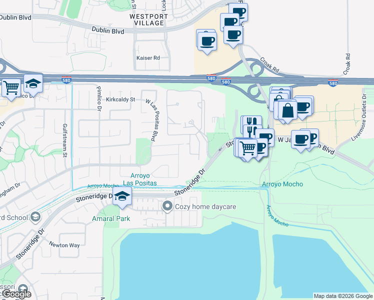 map of restaurants, bars, coffee shops, grocery stores, and more near 2680 Trailside Circle in Pleasanton