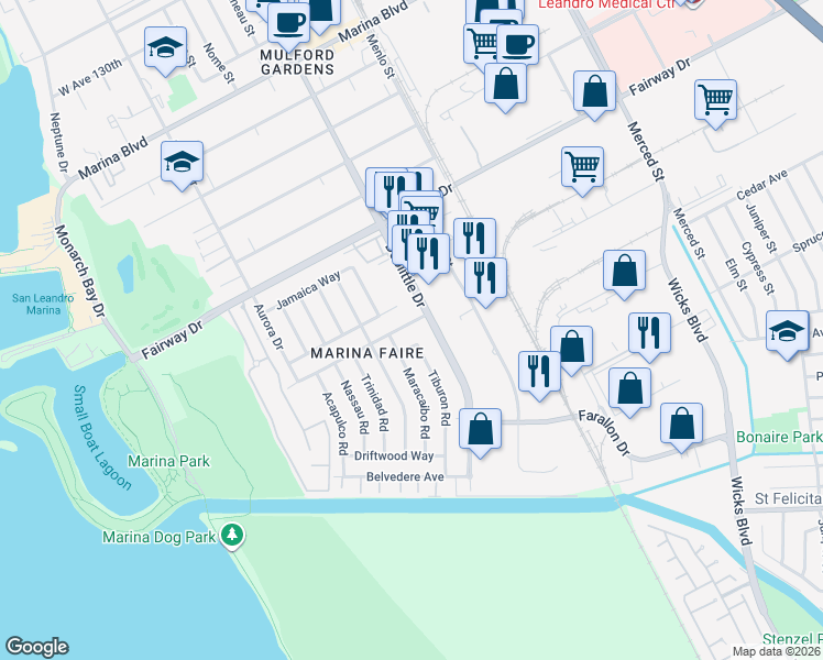 map of restaurants, bars, coffee shops, grocery stores, and more near 2230 Bermuda Avenue in San Leandro