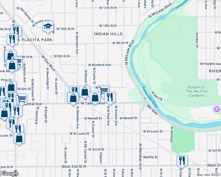 map of restaurants, bars, coffee shops, grocery stores, and more near 742 North Saint Paul Street in Wichita
