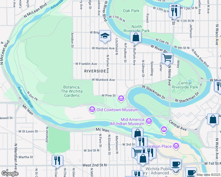 map of restaurants, bars, coffee shops, grocery stores, and more near 724 North Porter Avenue in Wichita