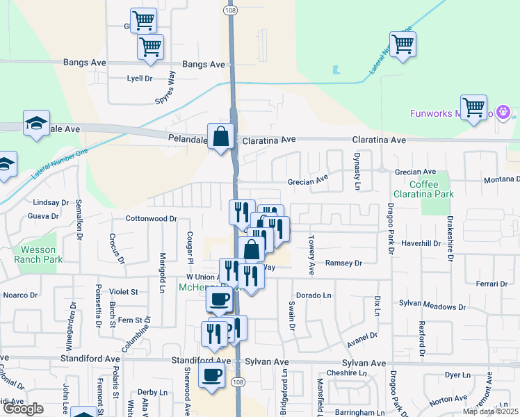 map of restaurants, bars, coffee shops, grocery stores, and more near 4024 McHenry Avenue in Modesto