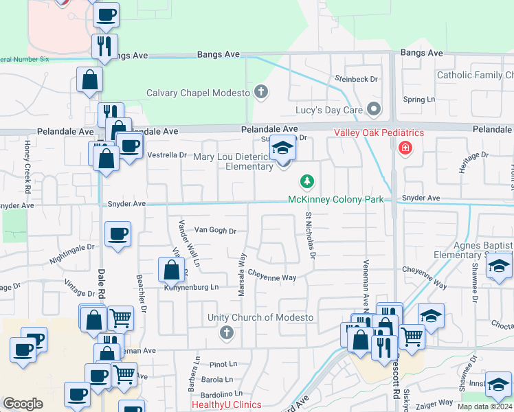 map of restaurants, bars, coffee shops, grocery stores, and more near 2420 Snyder Avenue in Modesto