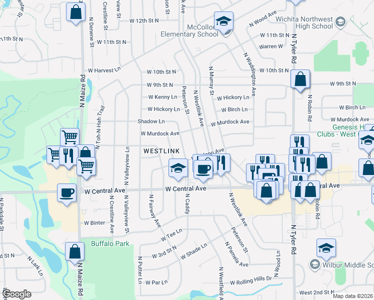 map of restaurants, bars, coffee shops, grocery stores, and more near 820 North Caddy in Wichita