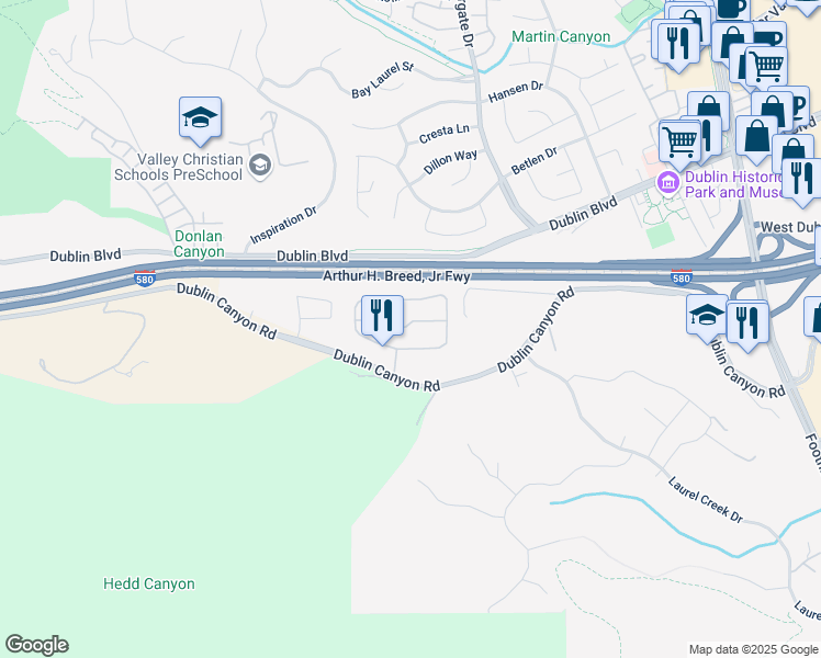 map of restaurants, bars, coffee shops, grocery stores, and more near 8060 Mountain View Drive in Pleasanton