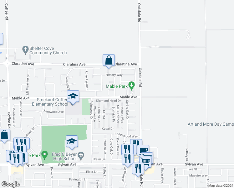map of restaurants, bars, coffee shops, grocery stores, and more near 4004 Masterpiece Drive in Modesto