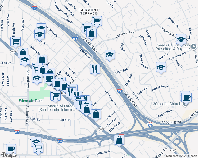 map of restaurants, bars, coffee shops, grocery stores, and more near 16510 Los Banos Street in San Leandro