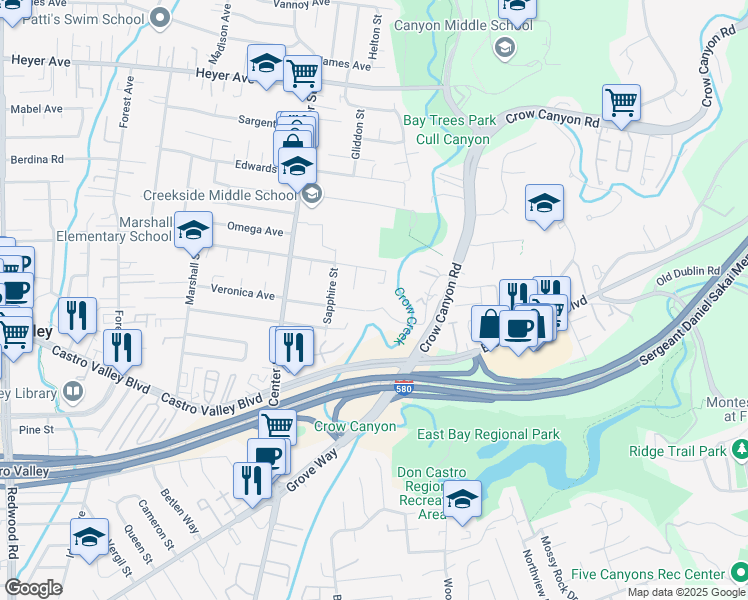 map of restaurants, bars, coffee shops, grocery stores, and more near 4855 Roberts Court in Castro Valley