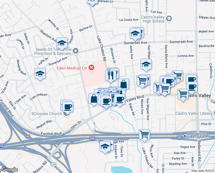 map of restaurants, bars, coffee shops, grocery stores, and more near 20400 Park Way in Castro Valley