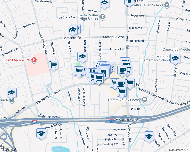 map of restaurants, bars, coffee shops, grocery stores, and more near 20499 Santa Maria Avenue in Castro Valley