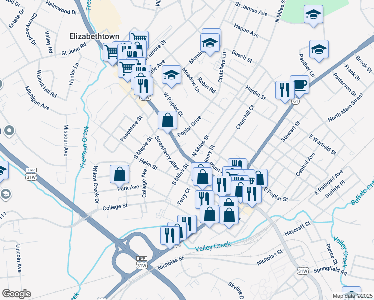 map of restaurants, bars, coffee shops, grocery stores, and more near 307 West Dixie Avenue in Elizabethtown