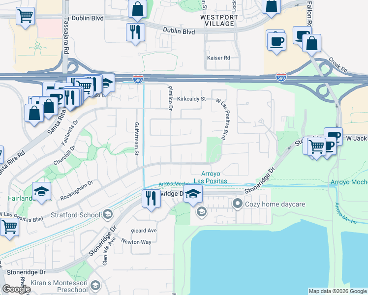 map of restaurants, bars, coffee shops, grocery stores, and more near 3535 Ballantyne Drive in Pleasanton