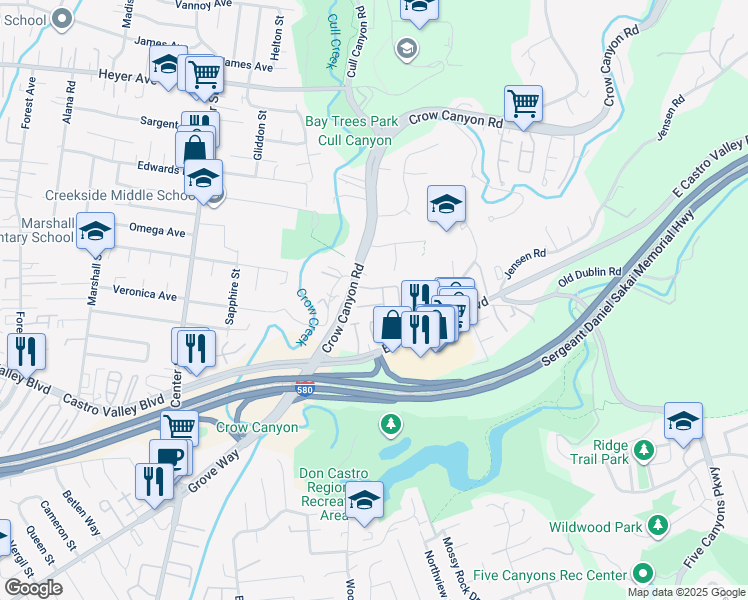 map of restaurants, bars, coffee shops, grocery stores, and more near 3590 Timco Court in Castro Valley