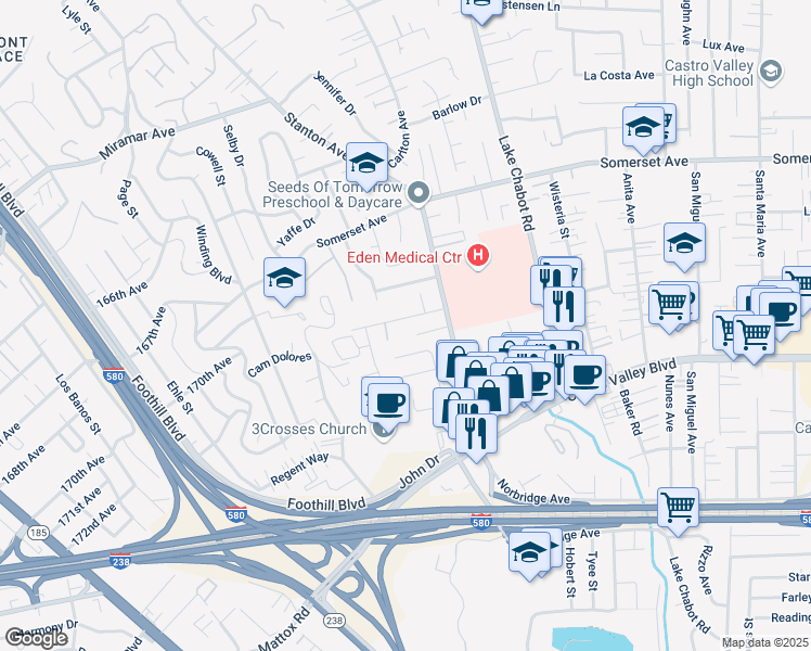 map of restaurants, bars, coffee shops, grocery stores, and more near 2549 Stanton Hill Road in Castro Valley