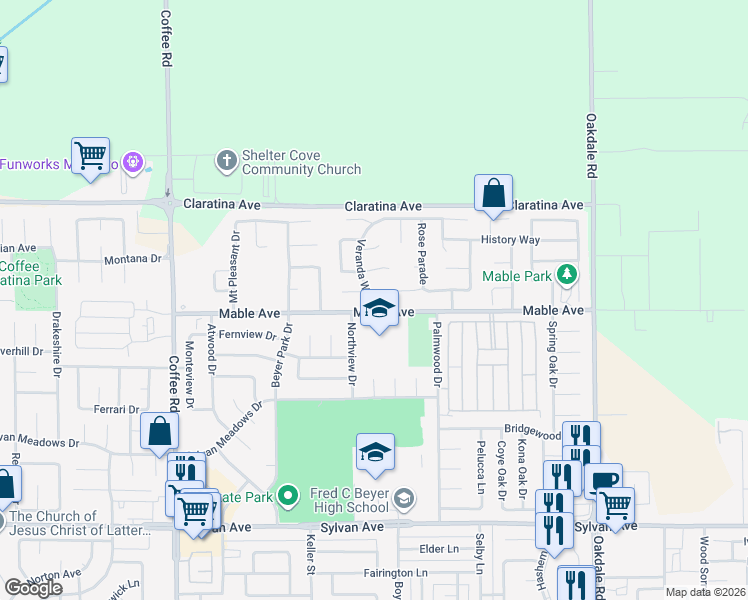 map of restaurants, bars, coffee shops, grocery stores, and more near 1705 Mable Avenue in Modesto