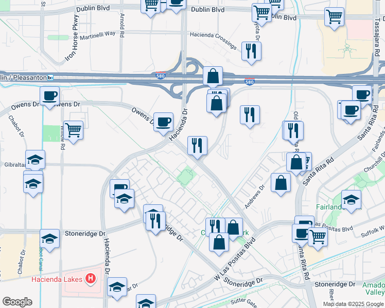 map of restaurants, bars, coffee shops, grocery stores, and more near 4503 Rosewood Drive in Pleasanton