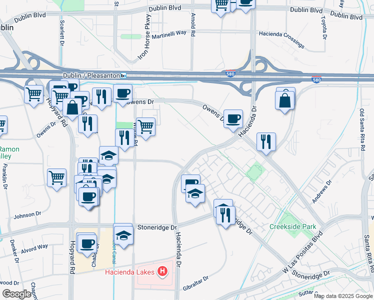 map of restaurants, bars, coffee shops, grocery stores, and more near 4422 Hacienda Drive in Pleasanton