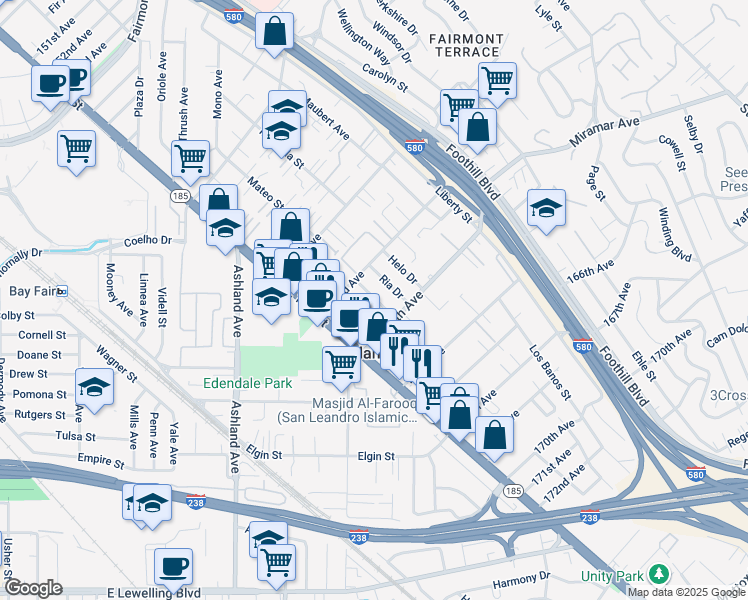 map of restaurants, bars, coffee shops, grocery stores, and more near 16336 Blanco Street in San Leandro
