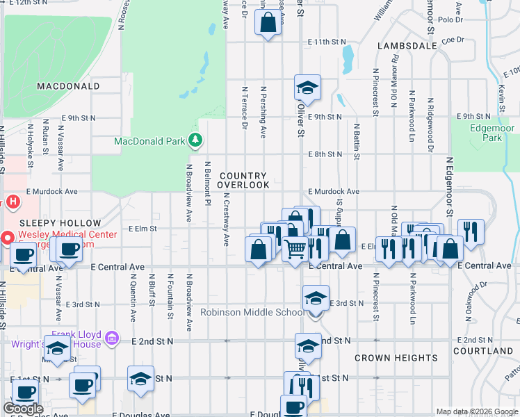 map of restaurants, bars, coffee shops, grocery stores, and more near 630 North Pershing Street in Wichita