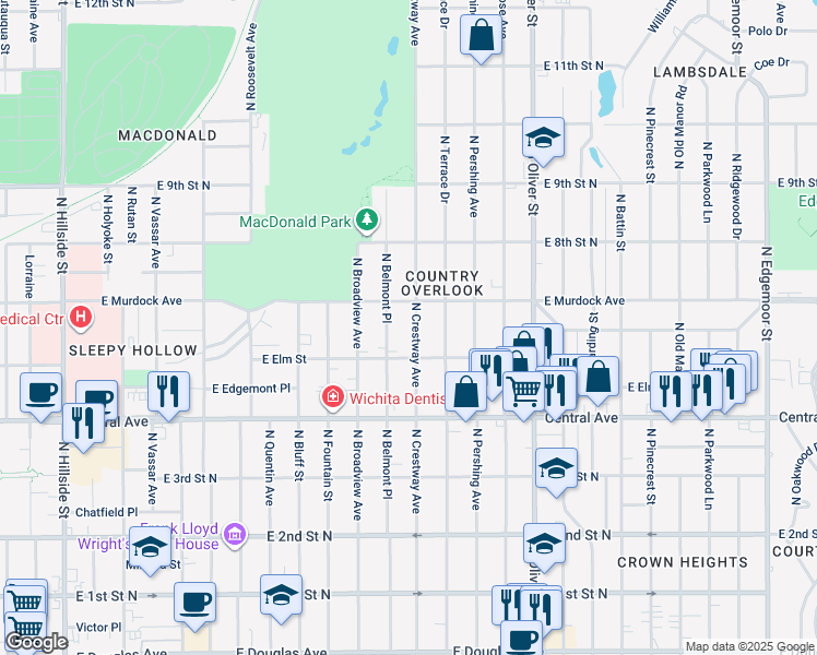 map of restaurants, bars, coffee shops, grocery stores, and more near 627 North Crestway Street in Wichita