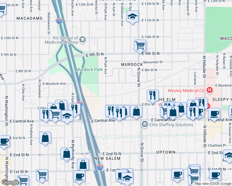 map of restaurants, bars, coffee shops, grocery stores, and more near 704 N Ash St in Wichita