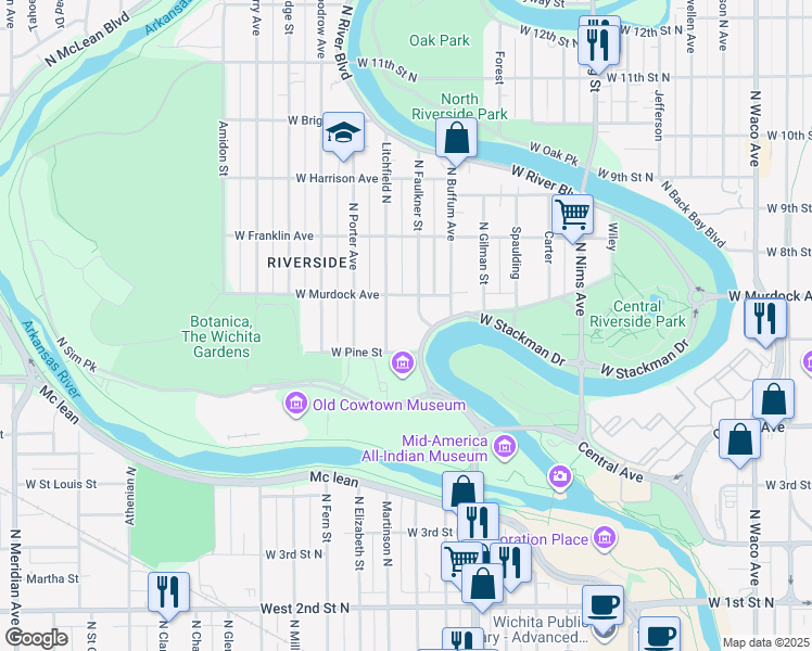 map of restaurants, bars, coffee shops, grocery stores, and more near 714 Litchfield North in Wichita