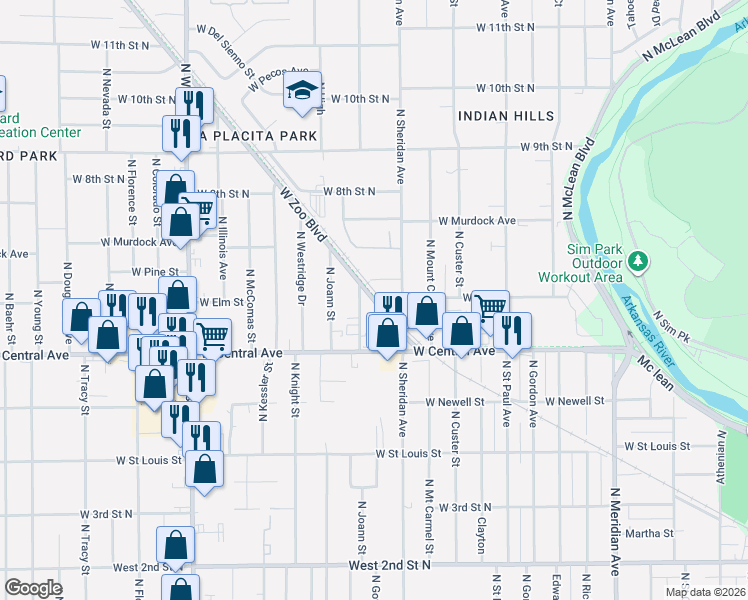 map of restaurants, bars, coffee shops, grocery stores, and more near 3311 West Zoo Boulevard in Wichita