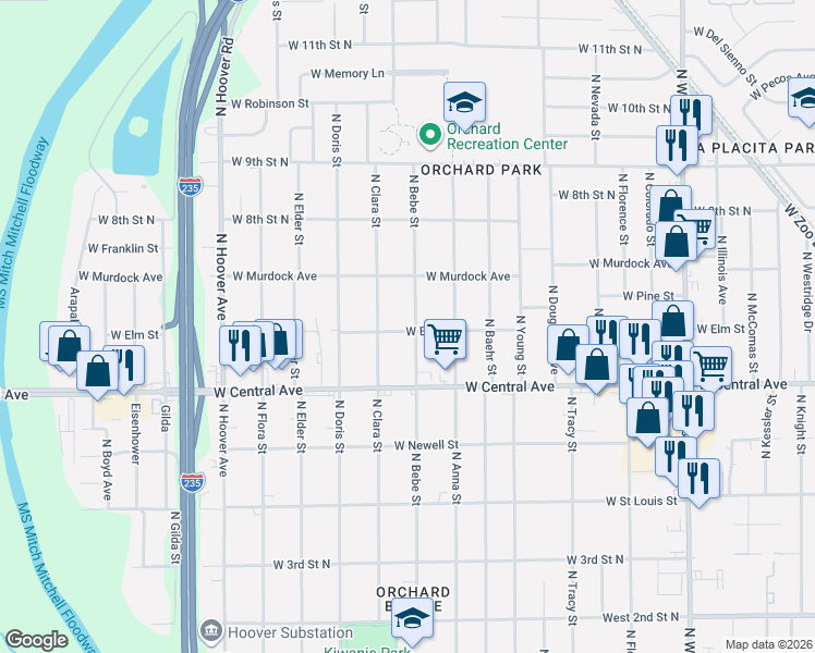 map of restaurants, bars, coffee shops, grocery stores, and more near 4900-4998 West Elm Street in Wichita