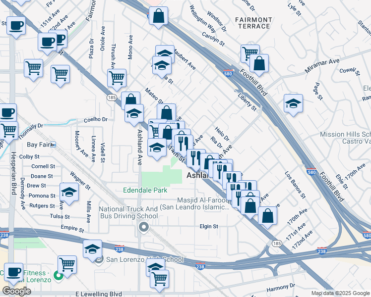 map of restaurants, bars, coffee shops, grocery stores, and more near 1421 163rd Avenue in San Leandro