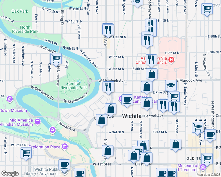 map of restaurants, bars, coffee shops, grocery stores, and more near in Wichita