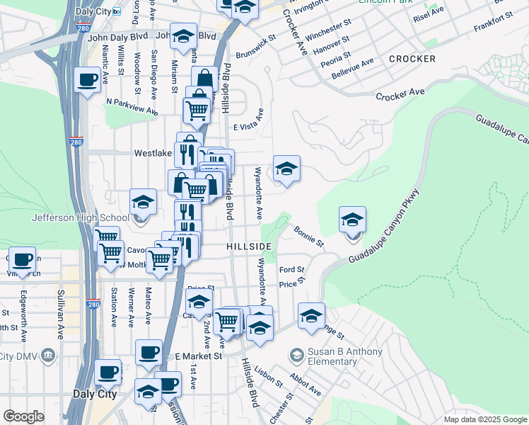 map of restaurants, bars, coffee shops, grocery stores, and more near 261 Wyandotte Avenue in Daly City