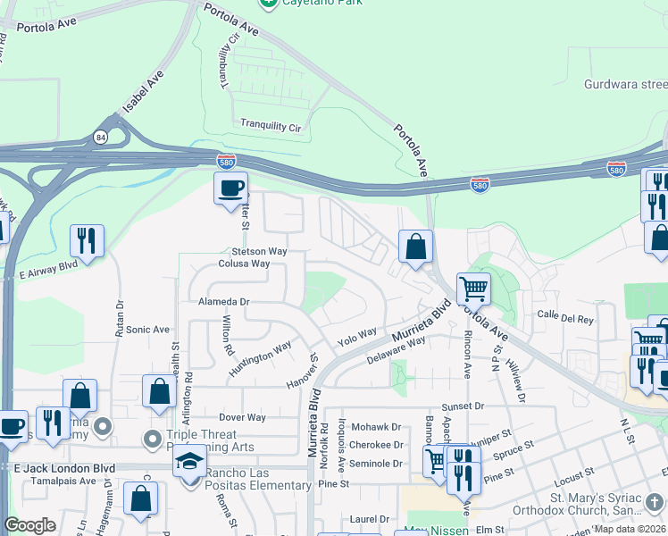 map of restaurants, bars, coffee shops, grocery stores, and more near 773 Del Norte Drive in Livermore