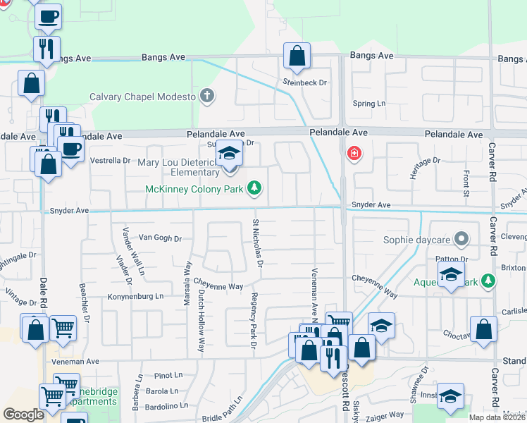 map of restaurants, bars, coffee shops, grocery stores, and more near 2244 Snyder Ave in Modesto