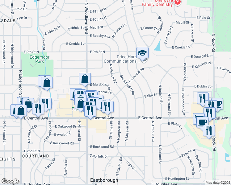map of restaurants, bars, coffee shops, grocery stores, and more near 6636 East Claytonia Street in Wichita