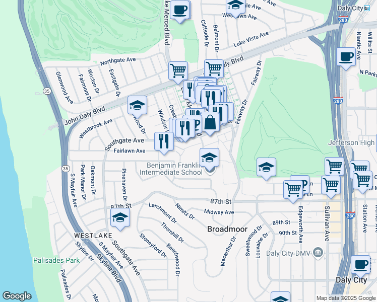 map of restaurants, bars, coffee shops, grocery stores, and more near 200 Coronado Ave in Daly City