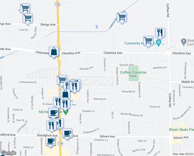 map of restaurants, bars, coffee shops, grocery stores, and more near 137 Clipper Lane in Modesto
